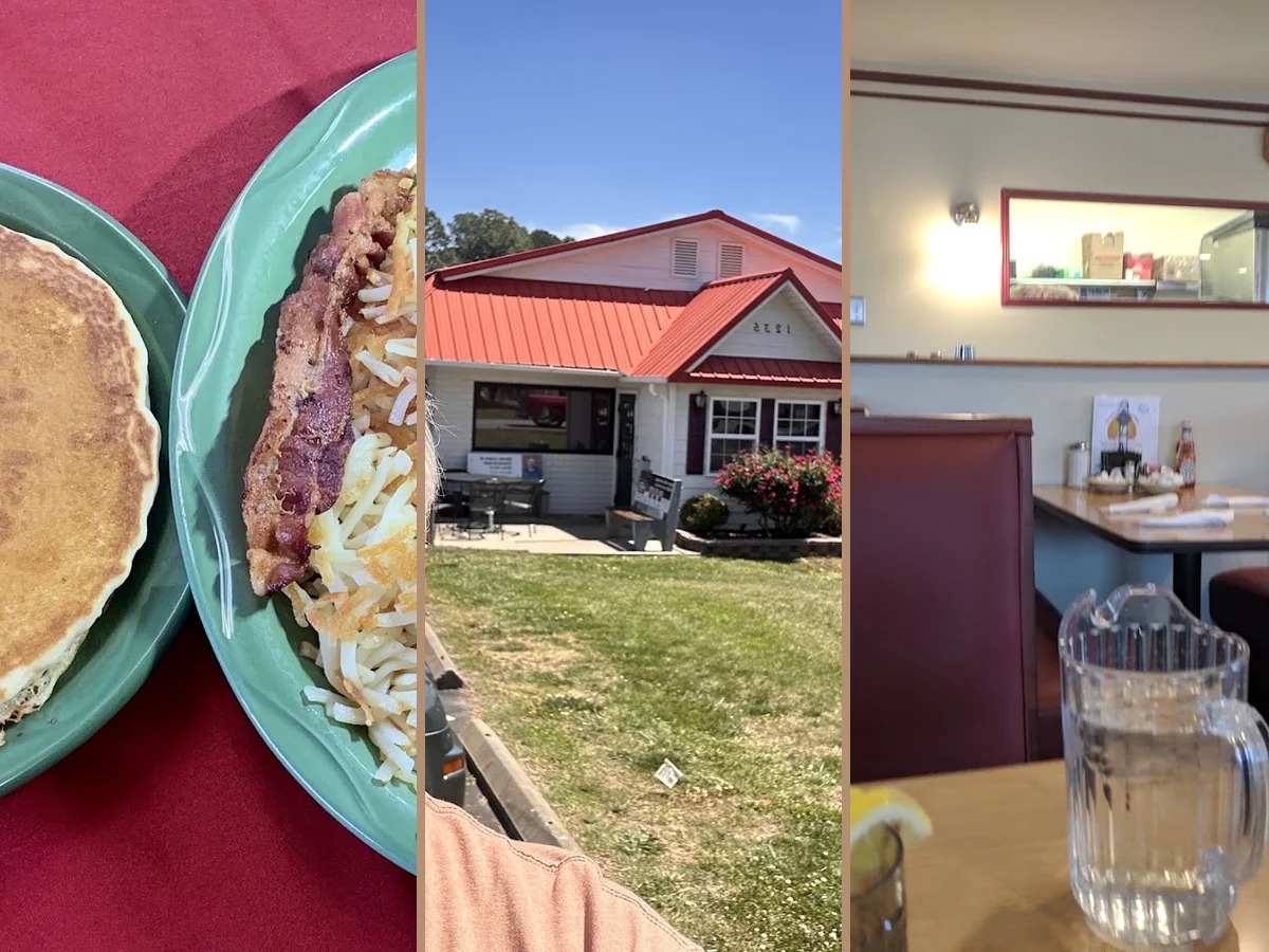 Breakfast plates on a casual family restaurant table.