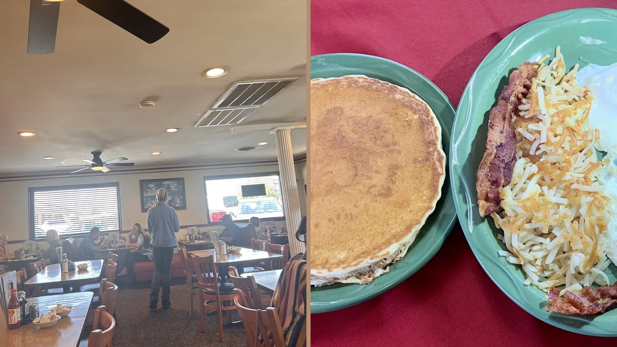 Breakfast plates on a casual family restaurant table.