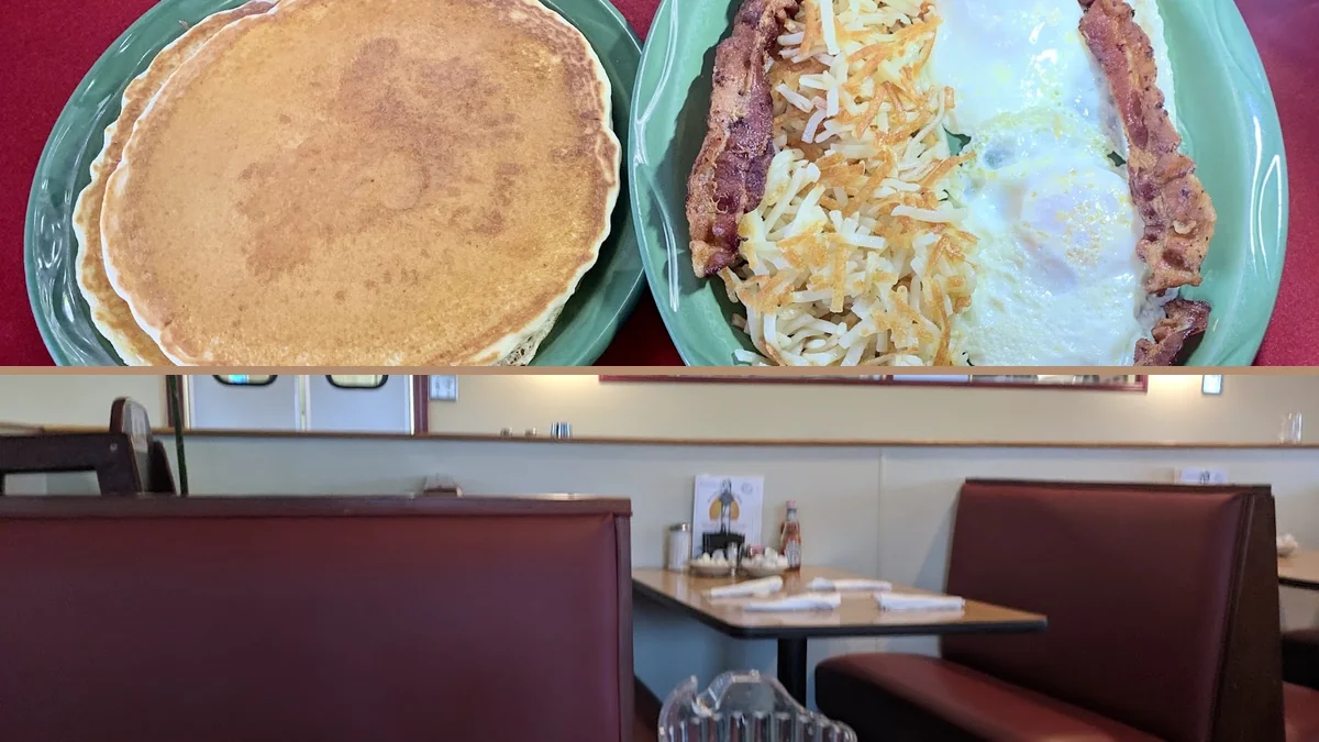 Breakfast plates on a casual family restaurant table.