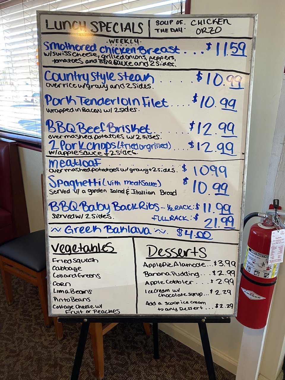 Breakfast menu page with Southern dishes listed.